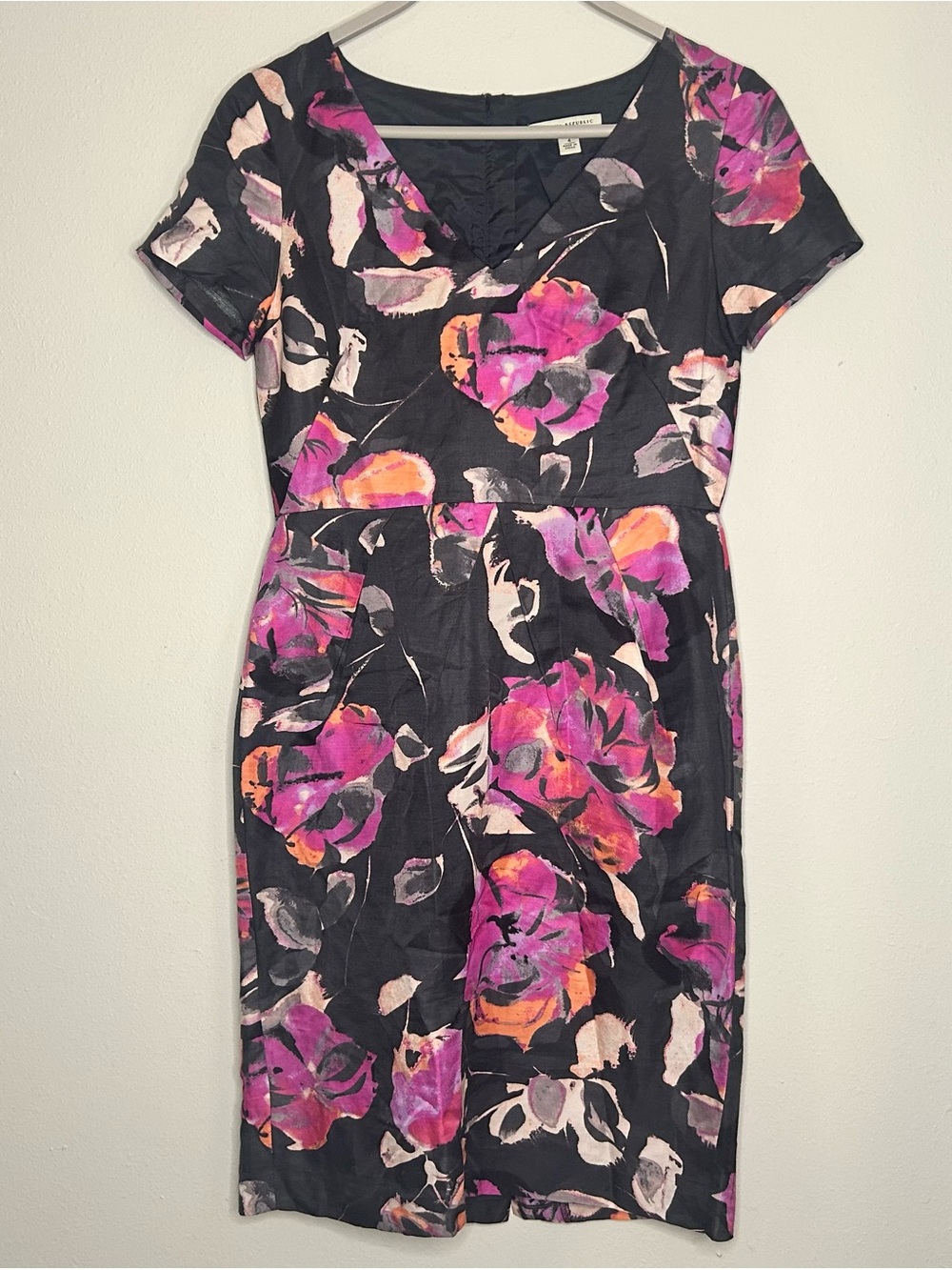 Banana Republic Floral V-Neck Dress - Black/Gray with Pink & Orange Blooms
